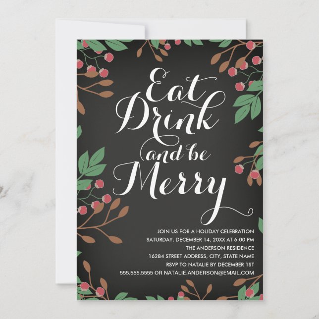 Invitation Mangez Boire et être Merry Holly Berries Fête (Devant)