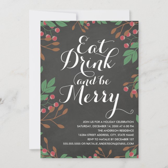 Invitation Mangez Boire et être Merry Holly Berries Fête (Devant)