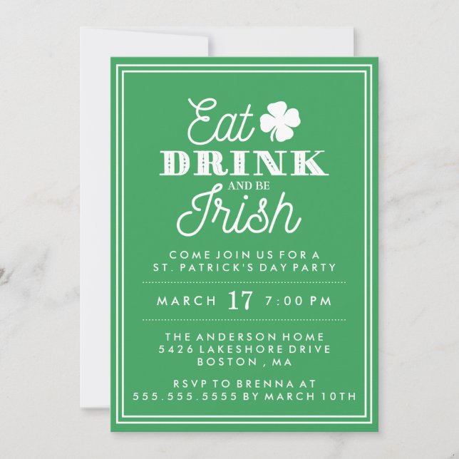 Invitation Mangez Boire et Soyez Irlandais St. Patrick's Day (Devant)