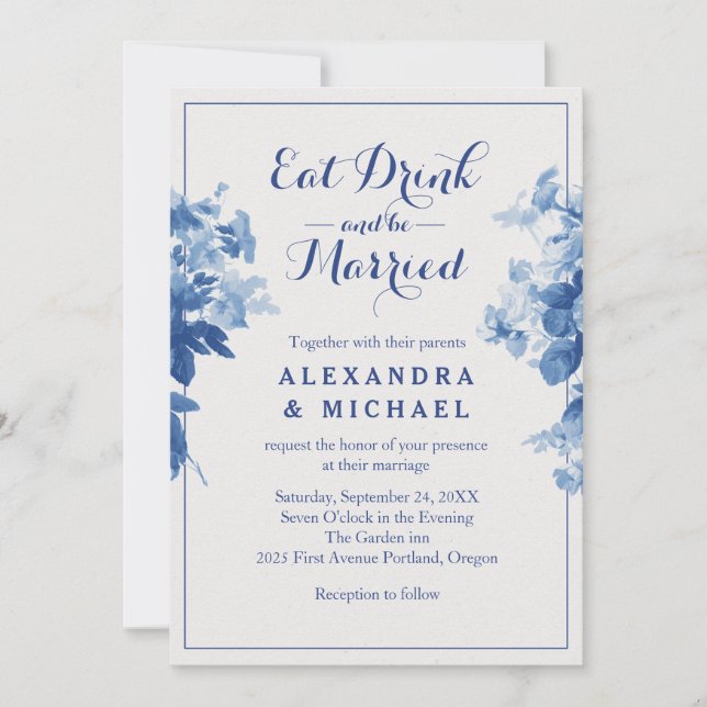 Invitation Mangez Boire Et Soyez Marié Floral Moderne Bleu Fl (Devant)