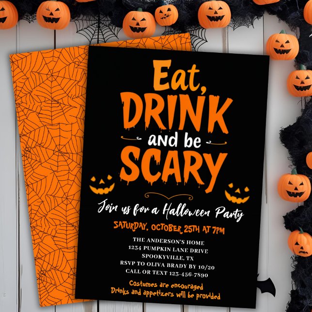 Invitation Mangez Boire & Soyez Effrayant Festive Halloween P (Eat Drink & Be Scary Festive Halloween Party Invitation)