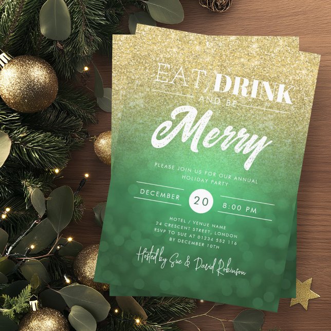 Invitation Mangez, Boire Soyez Joyeux Gold Green Bokeh vacanc (Eat, Drink Be Merry Gold Green Bokeh Holiday Xmas Invitation)