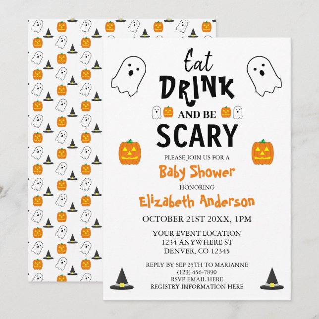 Invitation Mangez, buvez et ayez peur Baby shower d'Halloween (Devant / Derrière)