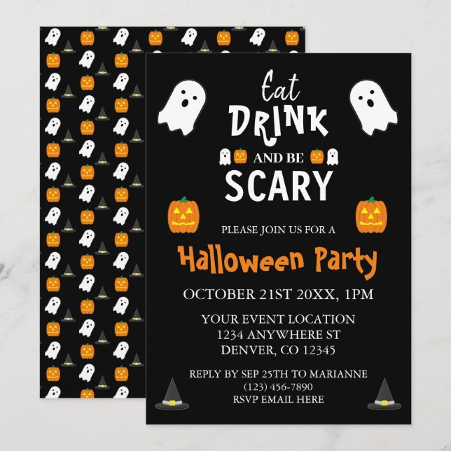 Invitation Mangez, buvez et soyez effrayant Halloween (Devant / Derrière)