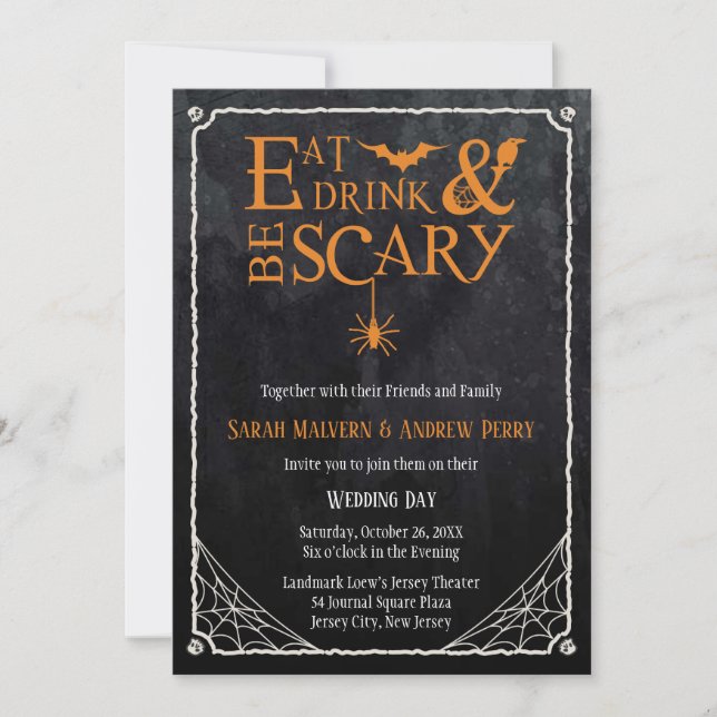 Invitation Mangez, buvez et soyez effrayant Mariage d'Hallowe (Devant)