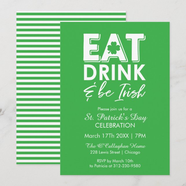 Invitation Mangez, buvez et soyez irlandais Fête moderne de l (Devant / Derrière)