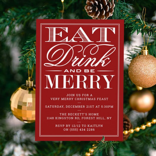 Invitation Mangez, buvez et soyez Joyeux Festif Rouge Noël (Créateur téléchargé)