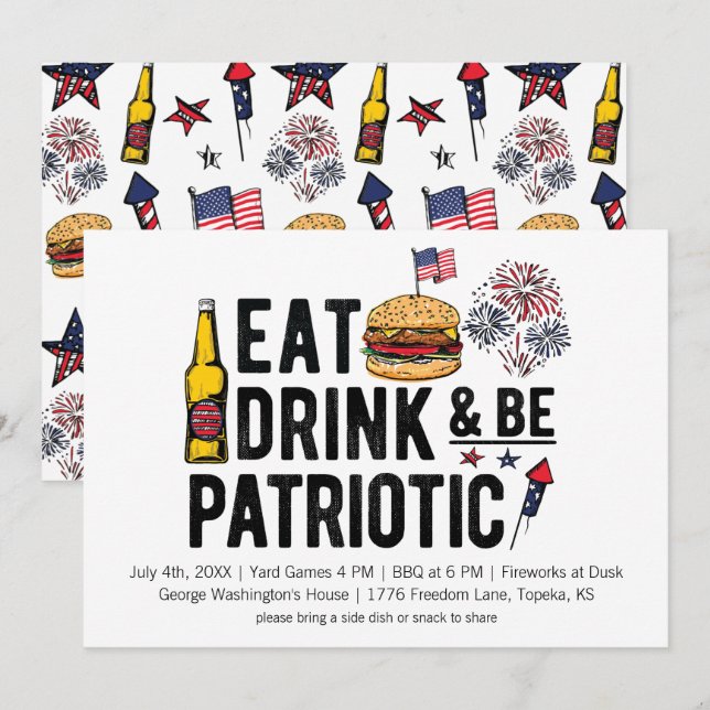 Invitation Mangez, buvez et soyez patriotique 4 juillet Invit (Devant / Derrière)