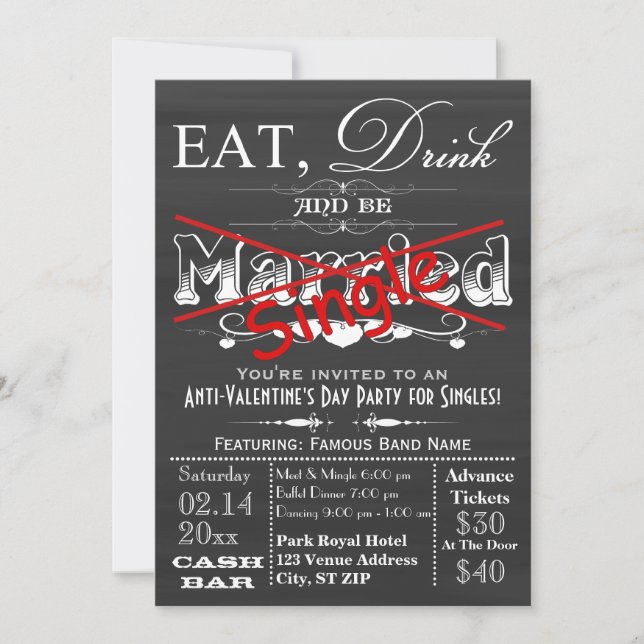 Invitation Mangez, buvez et soyez seul Chalkboard (Devant)