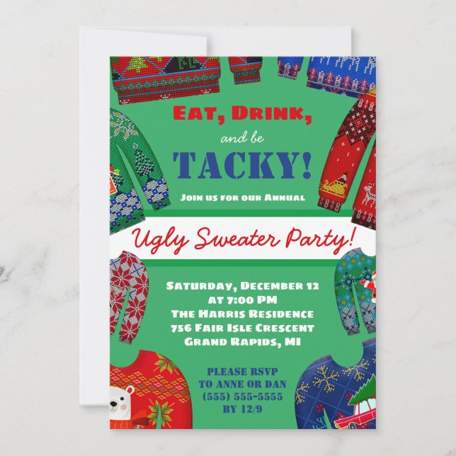 Invitation Mangez, buvez et soyez Tacky Vacances Sweater (Devant)