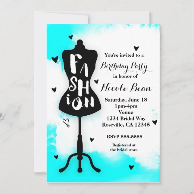 Invitation Mannequin Stand MODE Aqua & Blanc avec Coeurs (Devant)
