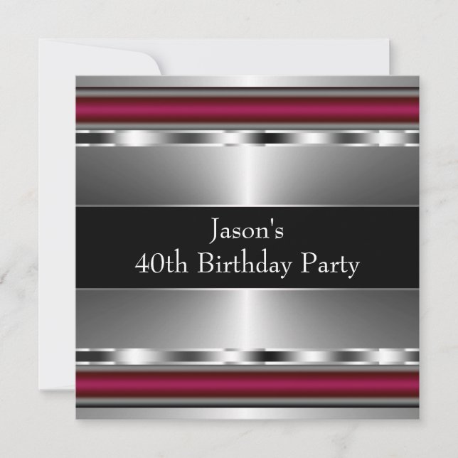 Invitation Mans Black Red Silver Classy 40e fête d'anniversai (Devant)