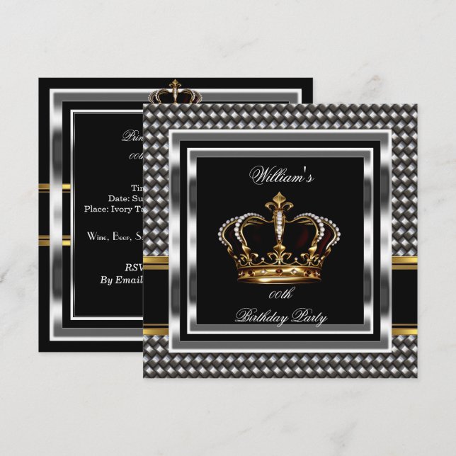 Invitation Mans Elégant Noir Argent Anniversaire Prince King (Devant / Derrière)