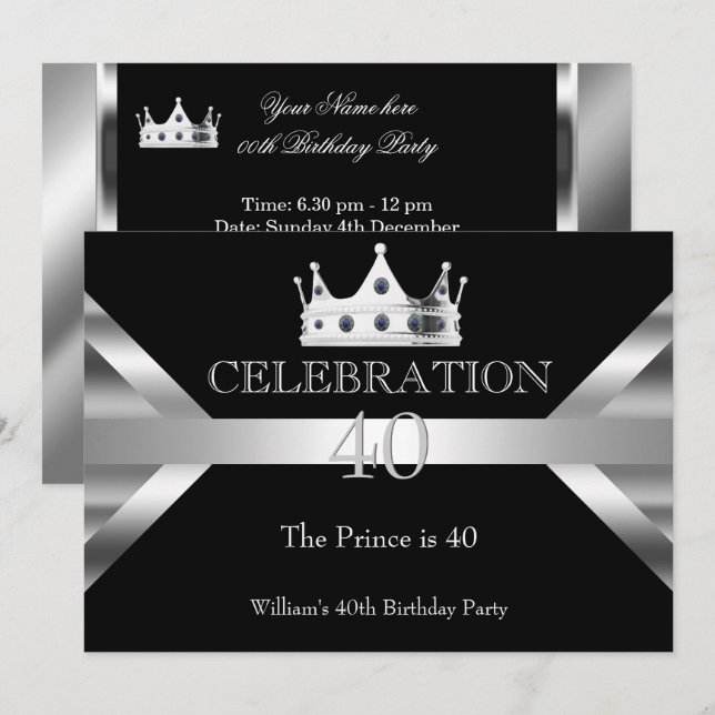 Invitation Mans Elégant Noir Argent Prince King Anniversaire (Devant / Derrière)