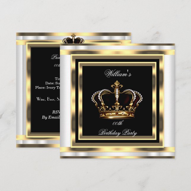 Invitation Mans Noir Argent Blanc Or Anniversaire Prince King (Devant / Derrière)
