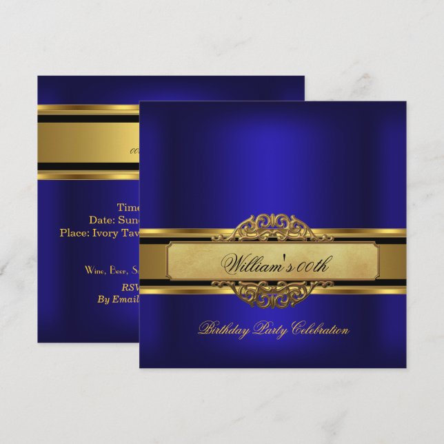 Invitation Mans Royal bleu or Anniversaire de fête Hommes (Devant / Derrière)