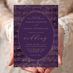 Invitation Manuscrit de musique vintage mariage or violet