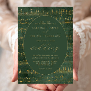 Invitation Manuscrit musical vintage vert or mariage