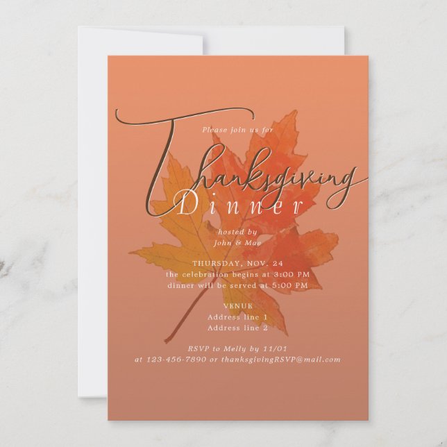 Invitation Maple Leaf Burange Orange Thanksgiving Dîner (Devant)