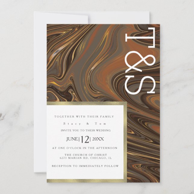 Invitation Marble Liquid Brown Gold Typographie Mariage (Devant)