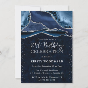 Invitation Marbre Agate Argent Bleu Glam 21e Anniversaire