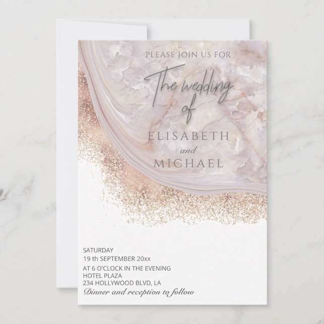 Invitation Marbre agate or rose perle calligraphie (Devant)