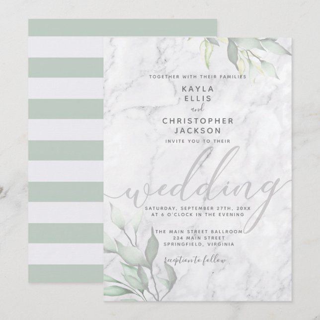 Invitation Marbre Aquarelle Florale Calligraphie Mariage (Devant / Derrière)