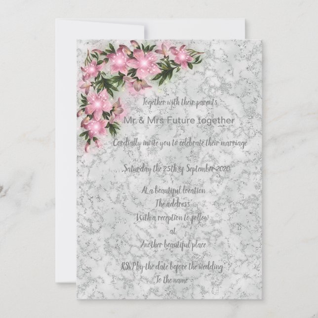Invitation Marbre argenté mariage fleuri avec fleurs roses (Devant)