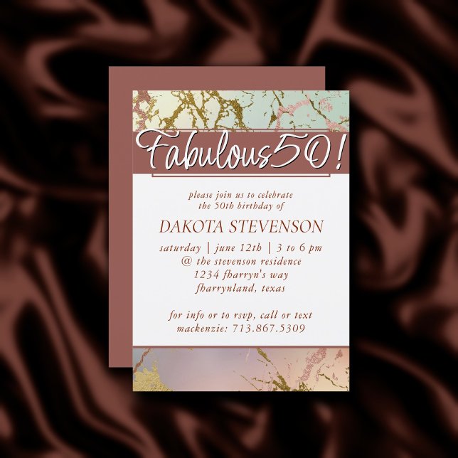 Invitation Marbre beige élégant | Sage Rose Gold Fabulous 50 (Créateur téléchargé)