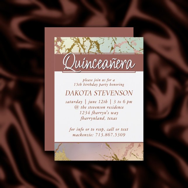 Invitation Marbre beige élégant | Sage Rose Gold Quinceanera (Créateur téléchargé)