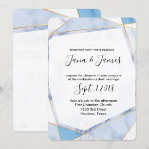 Invitation Marbre blanc & bleu Cadre or Mariage moderne