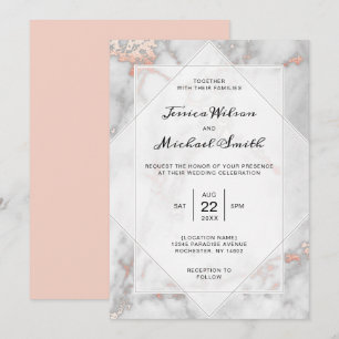 Invitation Marbre blanc Coral rose Élégant Rose Mariage or