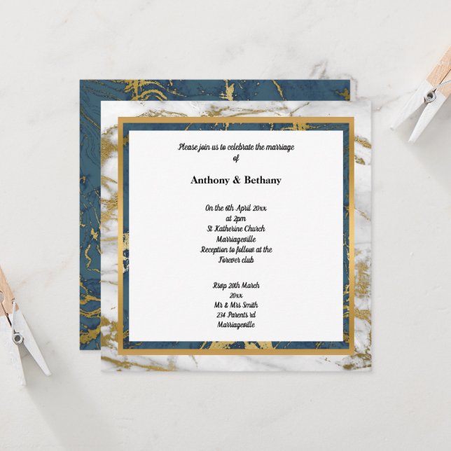 INVITATION MARBRE BLANC D'OR MARBRE MARIAGE MARBRE MARINE (Devant/Arrière en situation)