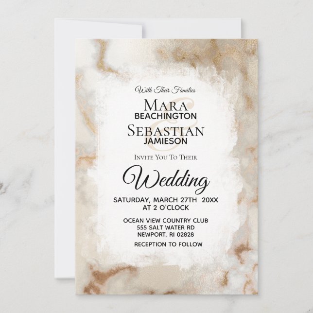 Invitation *~* Marbre blanc d'or Mariage artistique AR2 (Devant)