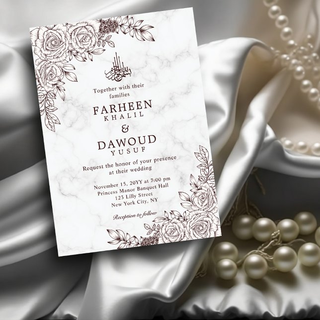 Invitation Marbre blanc Floral dentelle islamique QR Code Mar (Créateur téléchargé)