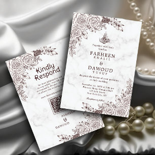 Invitation Marbre blanc Floral dentelle islamique QR Code Mar