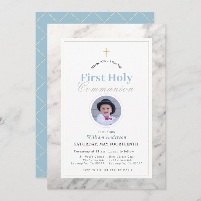 Invitation Marbre blanc Garçon Photo Première Communion saint (Devant / Derrière)