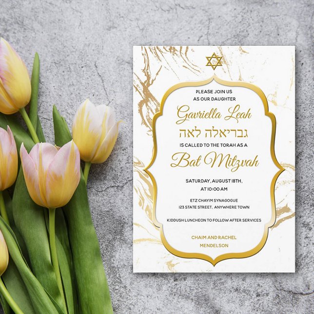 Invitation Marbre blanc Gold Star Bat mitzvah juif (Créateur téléchargé)