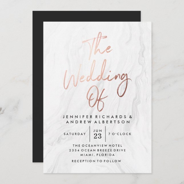 Invitation Marbre blanc moderne Rose Gold Script | MARIAGE (Devant / Derrière)