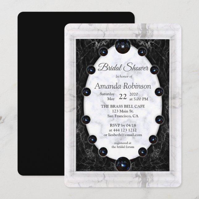 Invitation Marbre blanc & noir opulent + sphères (Devant / Derrière)