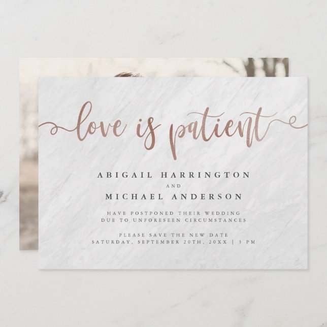 Invitation Marbre Blanc & Or Rose Script L'amour est Patient (Devant / Derrière)