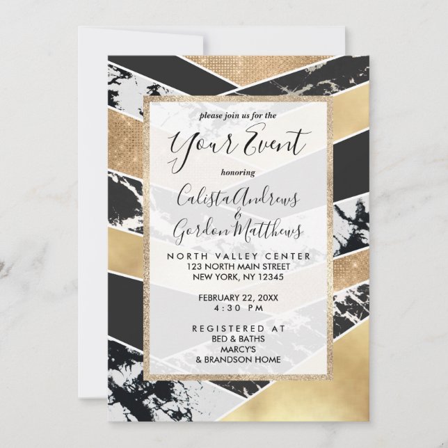 Invitation Marbre blanc Parties scintillant doré moderne géom (Devant)