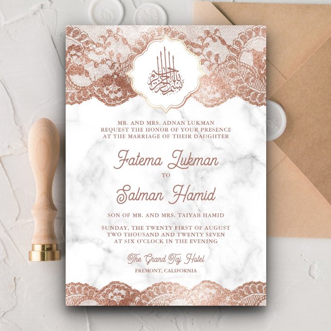 Invitation Marbre blanc Rose Gold Lace QR Code Mariage musulm (Créateur téléchargé)