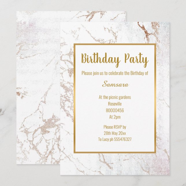 Invitation Marbre blanc Rose or double face ANNIVERSAIRE (Devant / Derrière)