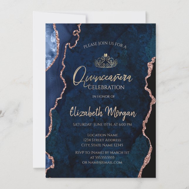 Invitation Marbre bleu Agate Rose or Tiara Quinceañera (Devant)