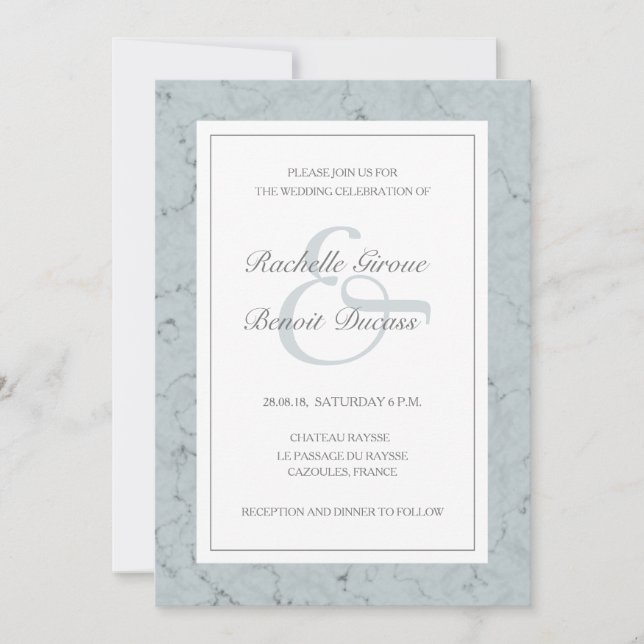 Invitation Marbre bleu épicéa blanc élégant mariage moderne (Devant)