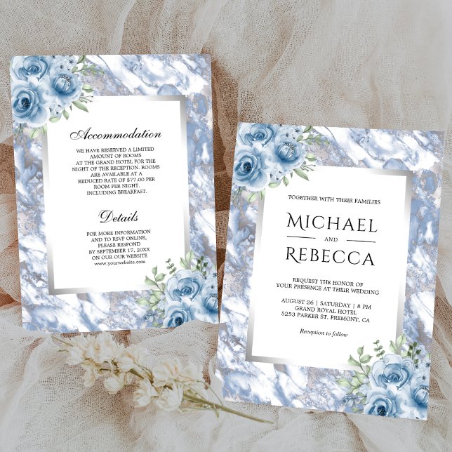 Invitation Marbre bleu foncé Argent floral tout en un Mariage (Créateur téléchargé)