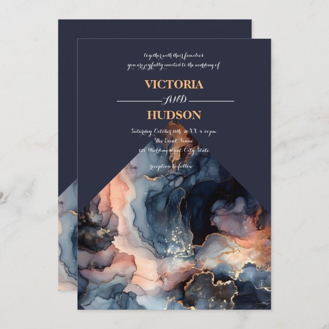 Invitation Marbre bleu marine et marbre doré (Devant / Derrière)