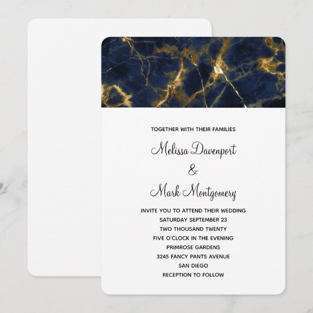 Invitation Marbre bleu marine et or Marbre moderne Mariage mo (Devant / Derrière)