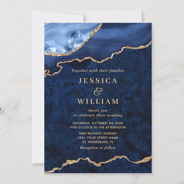 Invitation Marbre bleu marine moderne Mariage d'âge (Devant)